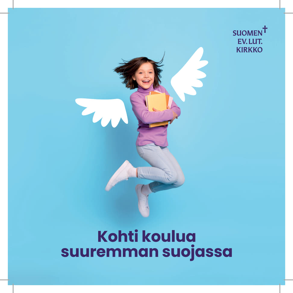 Koulunsa aloittavien siunaaminen (huom! klo 18) Pieni koululainen hyppää ilmaan kirjan kansa. Mukana enkelin siivet.