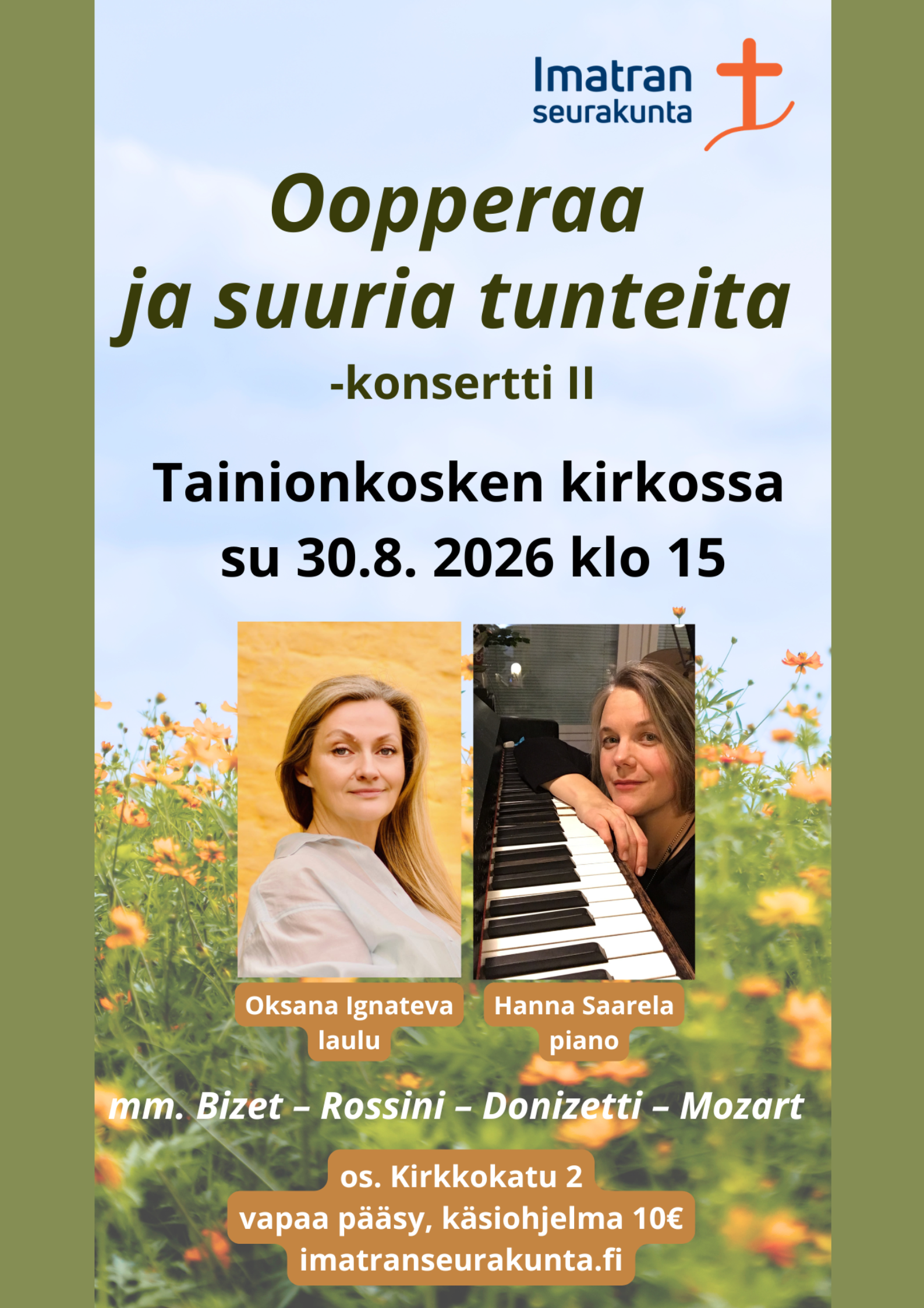 Mainos, jossa tapahtuman ohjelmatiedot ja esiintyjien kuvat.