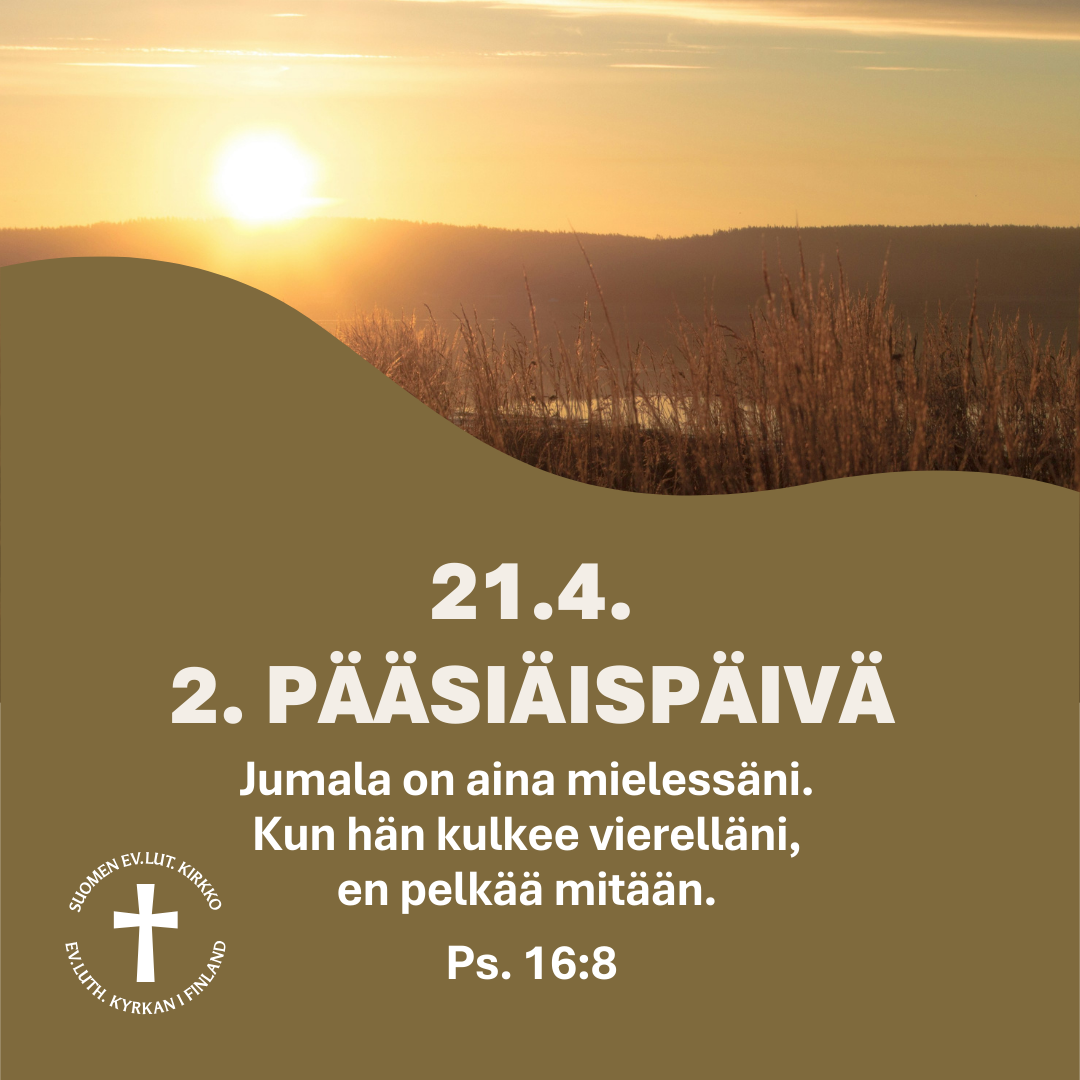 Toisen pääsiäispäivän messu Olavinkulmassa Auringonlasku maisemassa, jossa niitty ja puita