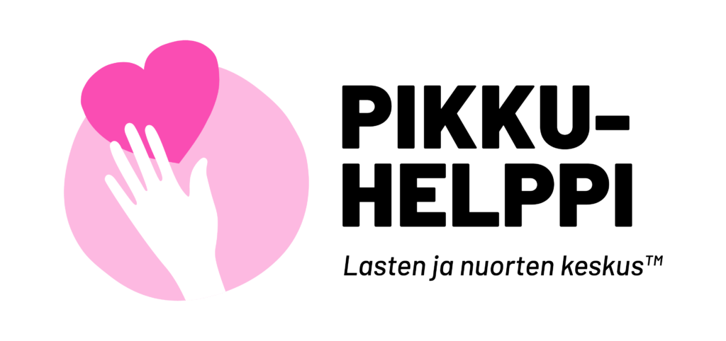 PIkkuhelpin logo: käsi koskettaa sydäntä. Teksti: Pikkuhelppi - Lasten ja nuorten keskus