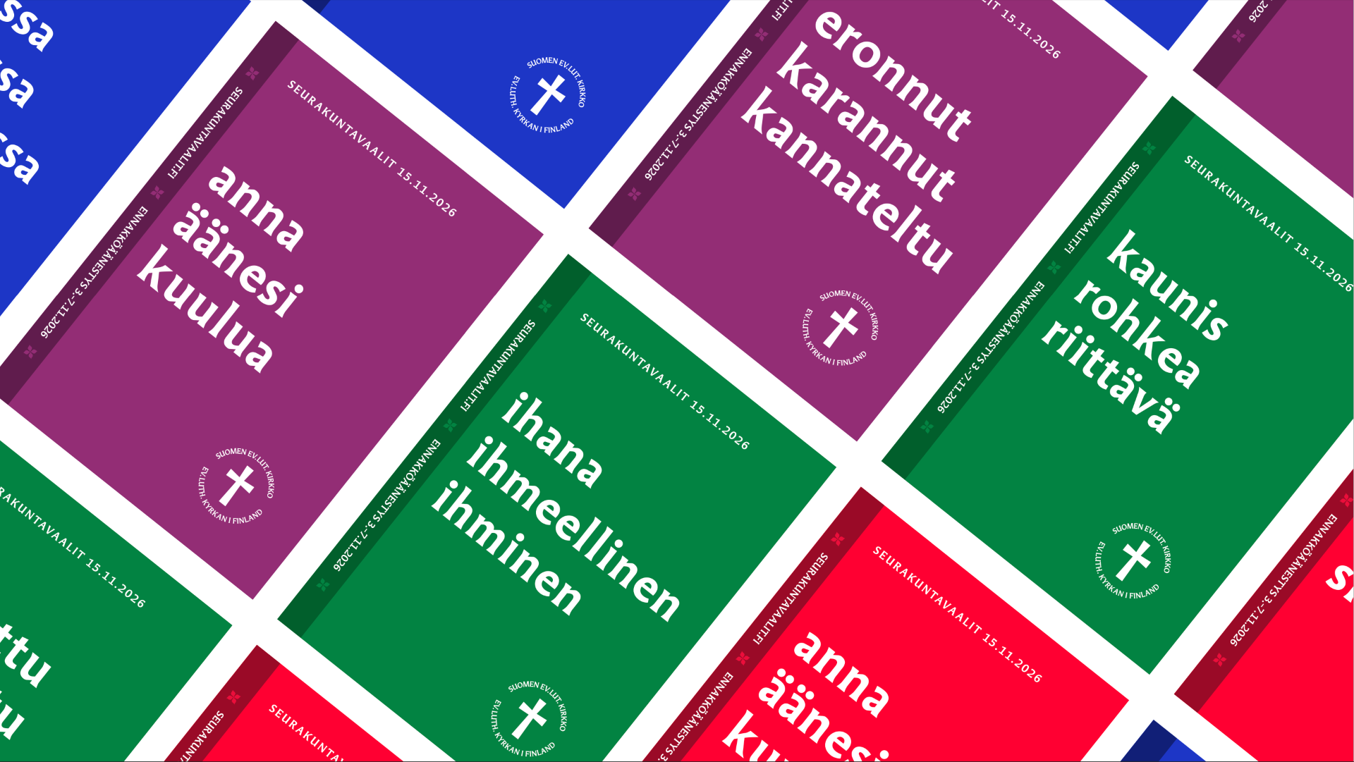 Seurakuntavaalien värikästä ilmettä ja kolmen sanan sloganeita, esim. kaunis, rohkea, riittävä.